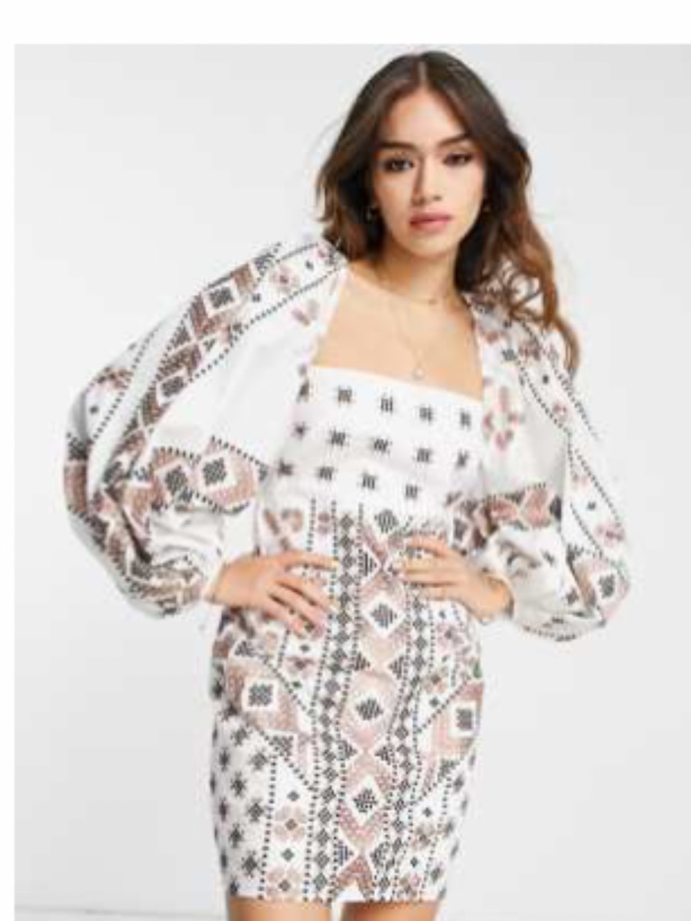 ASOS White Mini Dress with Brown and Black Embroidery